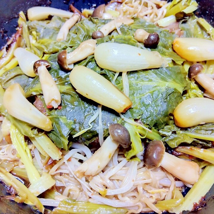 らっきょう小松菜しめじ黒豆もやし蒸し煮